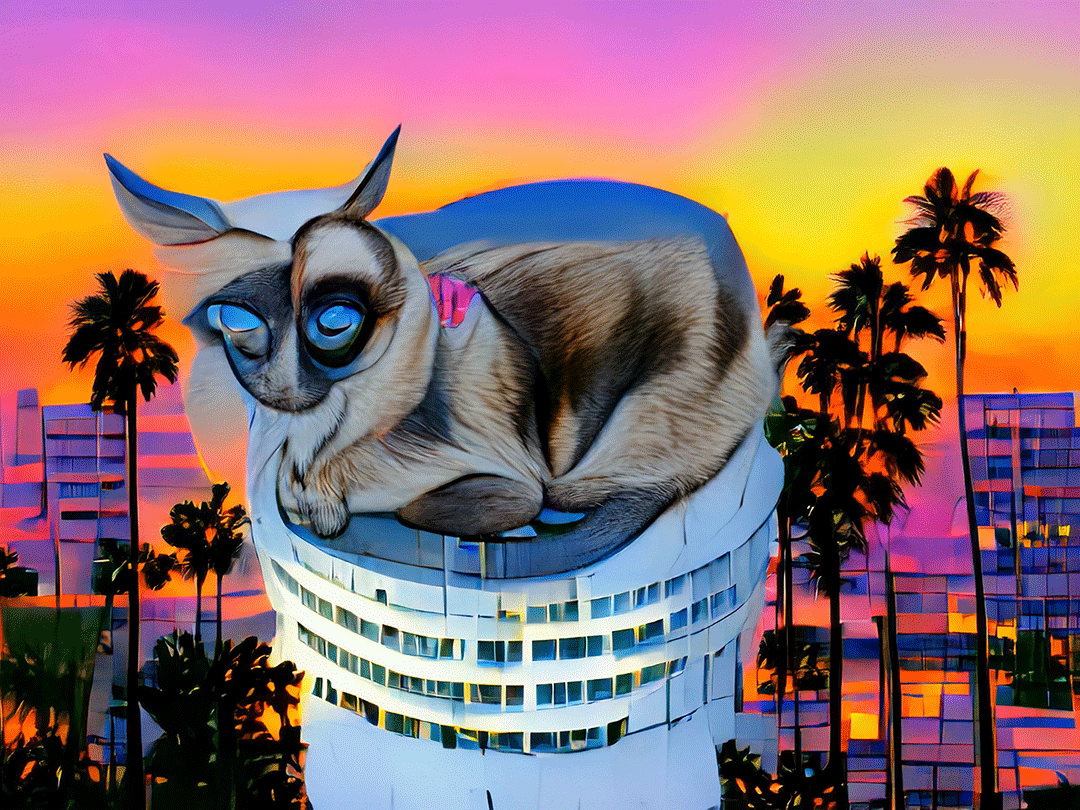 Dreaming my queen through the machine in my Hollywood studio.\n\nOriginal VideoDream by Sarah Zucker / @thesarahshow. Created in studio in 2021 by feeding an original digital photo collage through VQGAN + Clip using the phrase “Siamese Cat on top of the Capitol Records building with sunset | iridescence | unreal engine”\n\nOpen Edition released as part of Grails for Proof Collective.